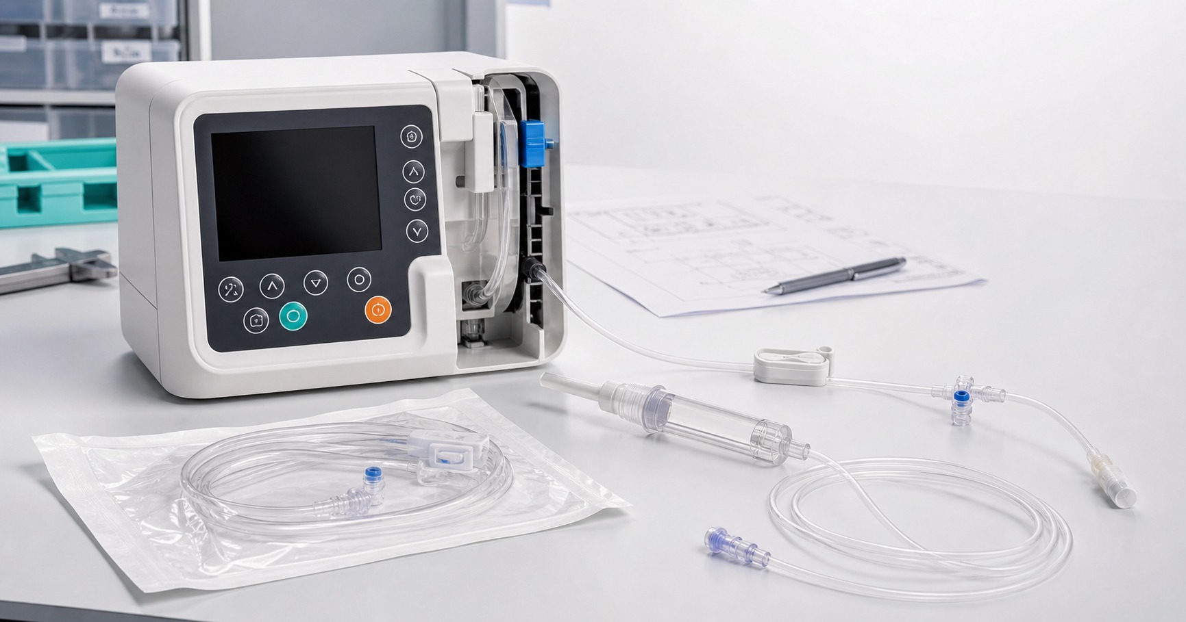Custom infusion pump consumables and dedicated tubing set concept illustration