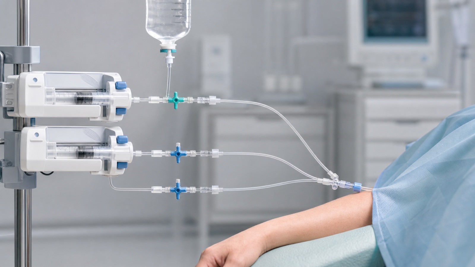 Generic TIVA workflow showing multiple infusion lines converging near the patient