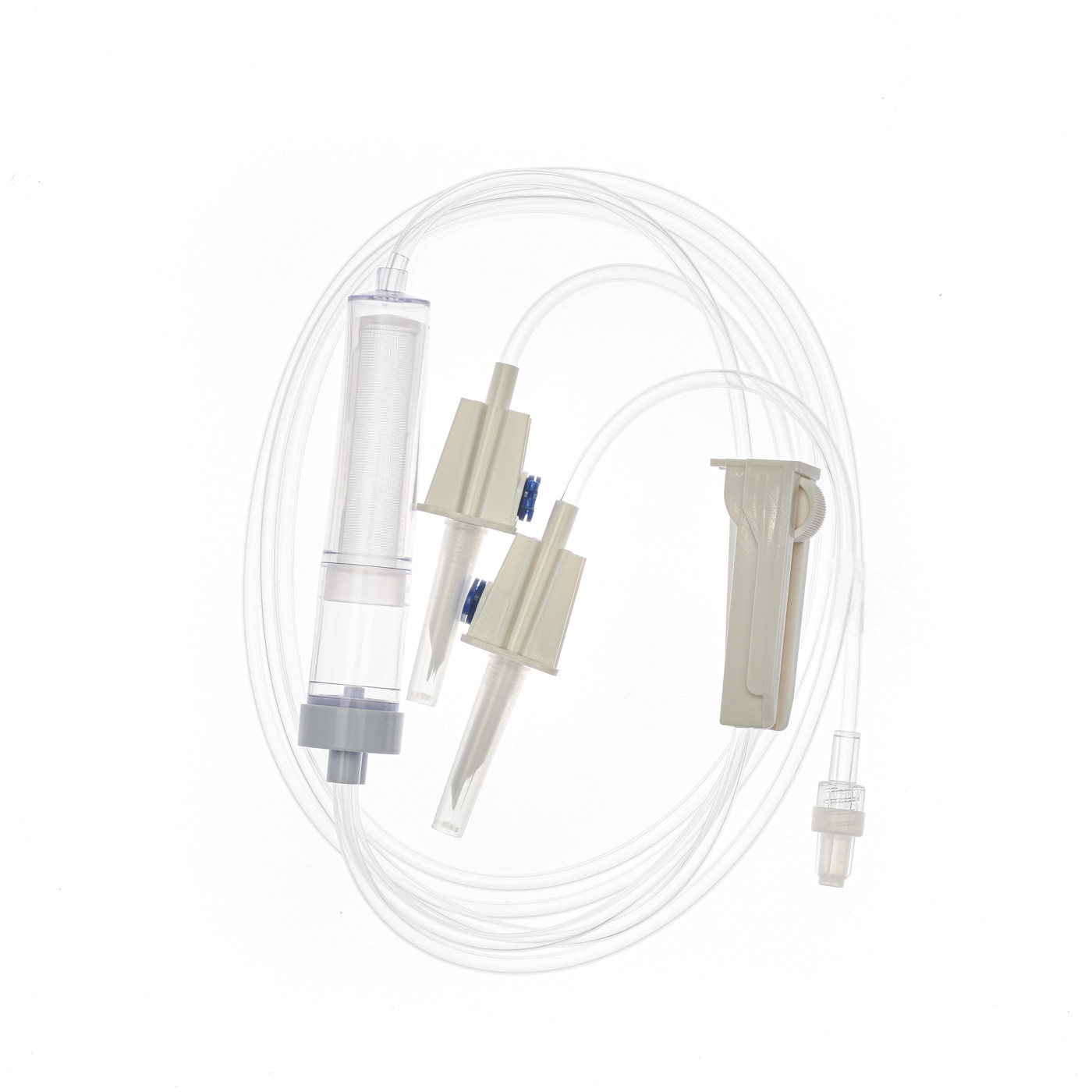 Representative dual-inlet single-chamber blood transfusion set