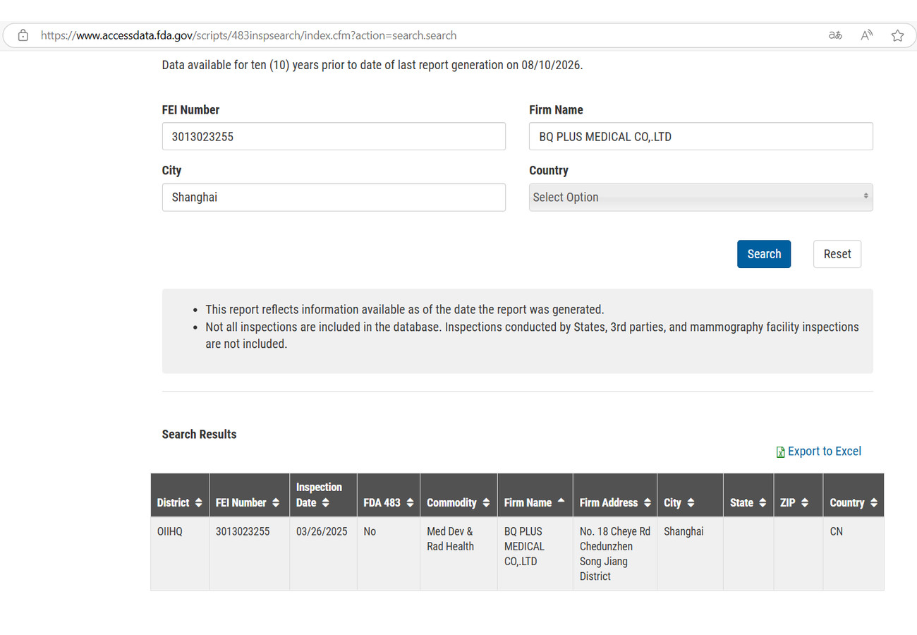 FDA inspection database result for BQ Plus Medical dated March 26 2025 with FDA 483 No